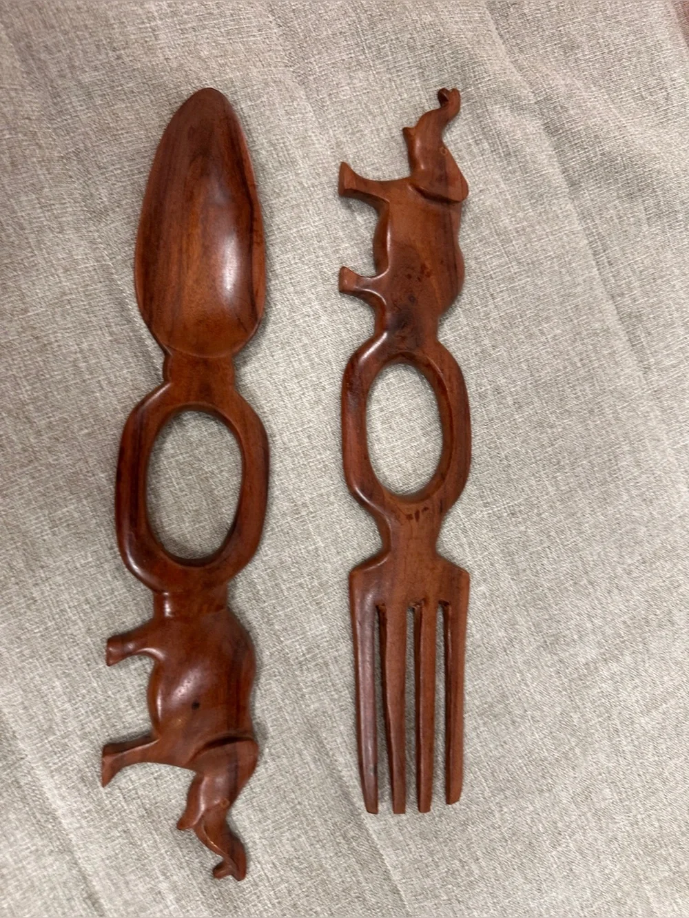 Vintage Hand Carved Wooden Elephant Handle Salad Fork & Spoon Set, 12” Long